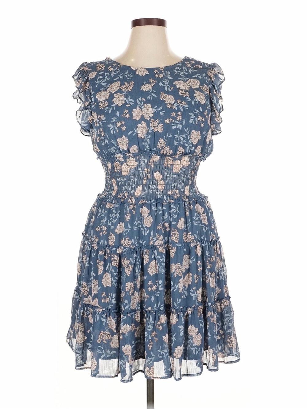 NWT Altar'd State Blue Floral Smocked Waist Tiered Mini Dress Large Boho